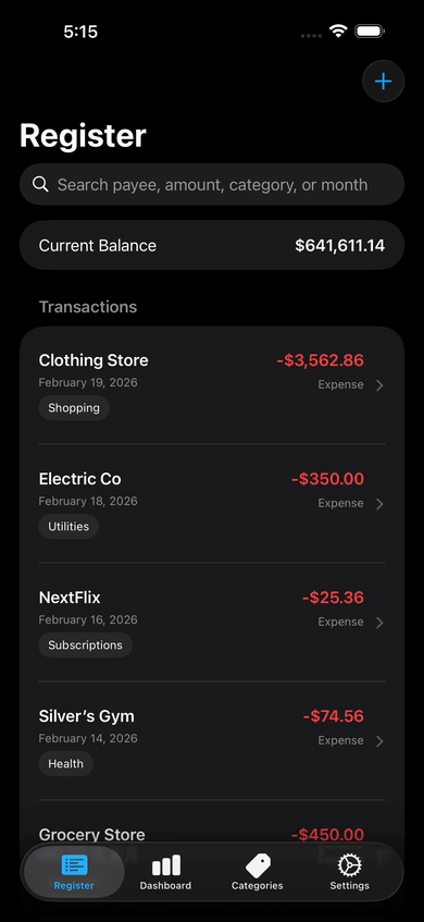 Add / Delete a Transaction Adding and deleting transactions is simple. Leave an optional note or description with your entry.